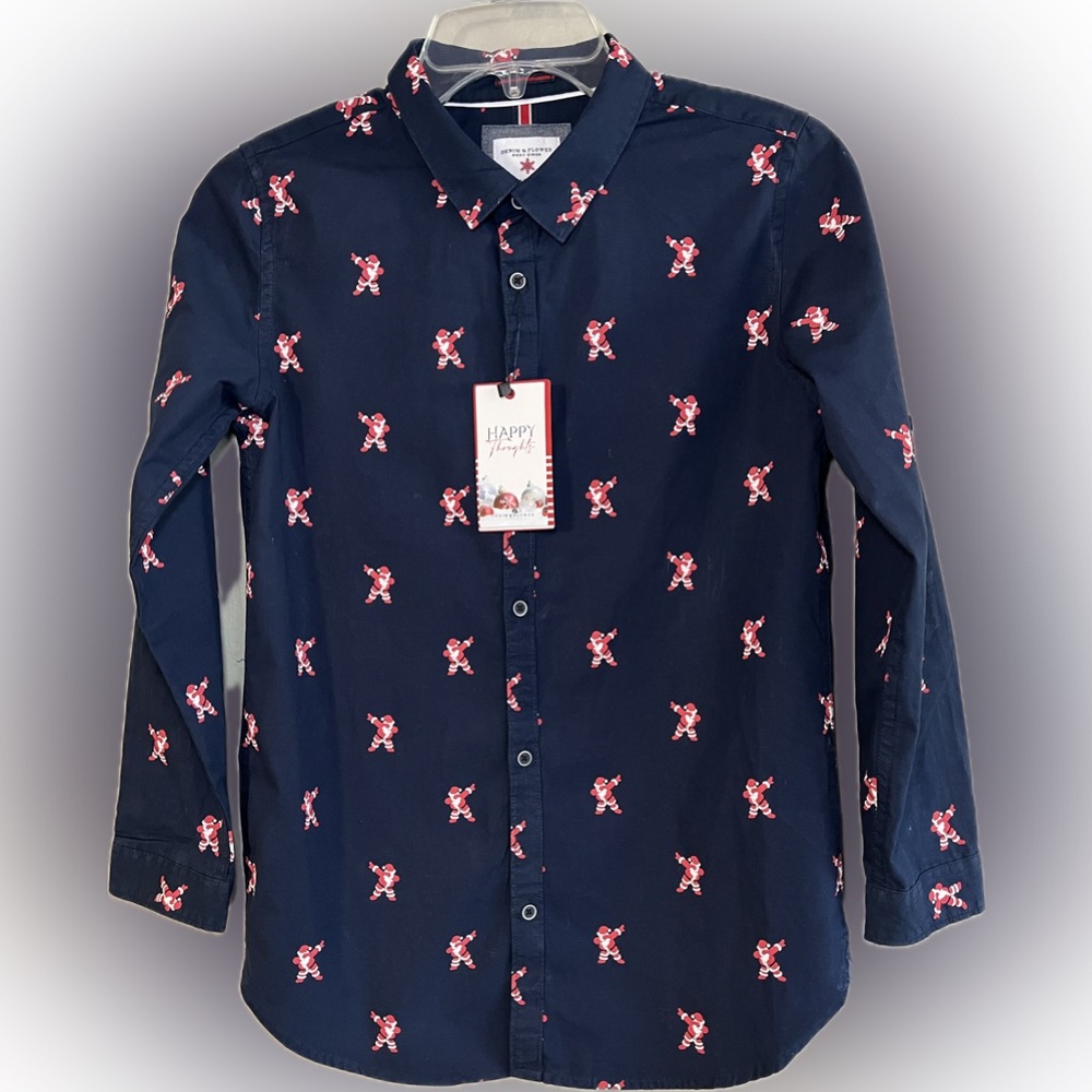 Denim & Flower Youth Boy Size 13/14 Dabbing Santa Long Sleeve Button Down NWT